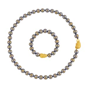 Terahertz Feng Shui Beaded Necklace 20 Inches and Stretch Bracelet with Charm in Goldtone 406.00 ctw