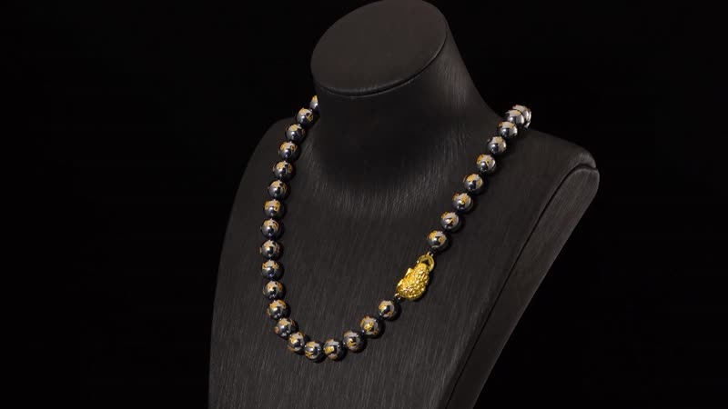 TLV Terahertz Feng Shui Engraved Beaded Necklace (20 Inches) and Stretch Bracelet with Pi Xiu Charm in Goldtone 406.00 ctw