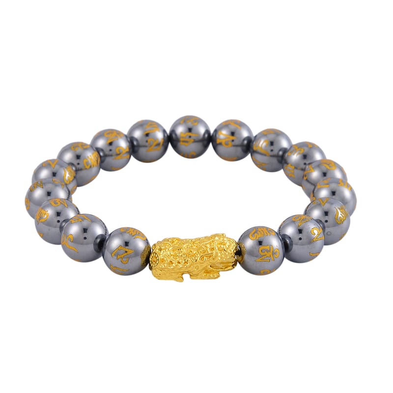 Terahertz Feng Shui Beaded Necklace 20 Inches and Stretch Bracelet with Charm in Goldtone 406.00 ctw