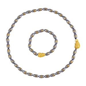 Terahertz Feng Shui Beaded Necklace 20 Inches and Stretch Bracelet with Charm in Goldtone 221.00 ctw