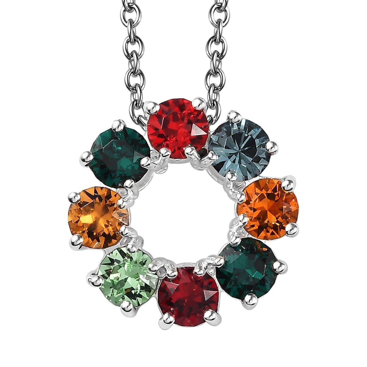 Multi Color Crystal Circle Pendant in Sterling Silver with Stainless Steel Chain 20 Inches image number 0