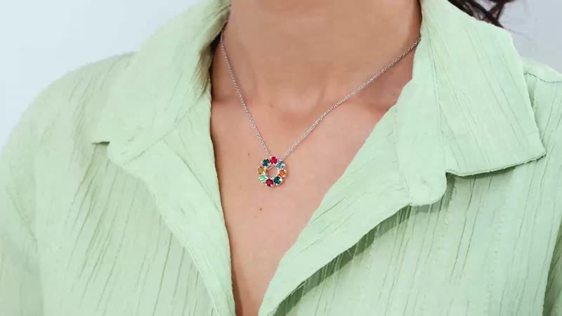 Multi Color Crystal Circle Pendant in Sterling Silver with Stainless Steel Chain 20 Inches