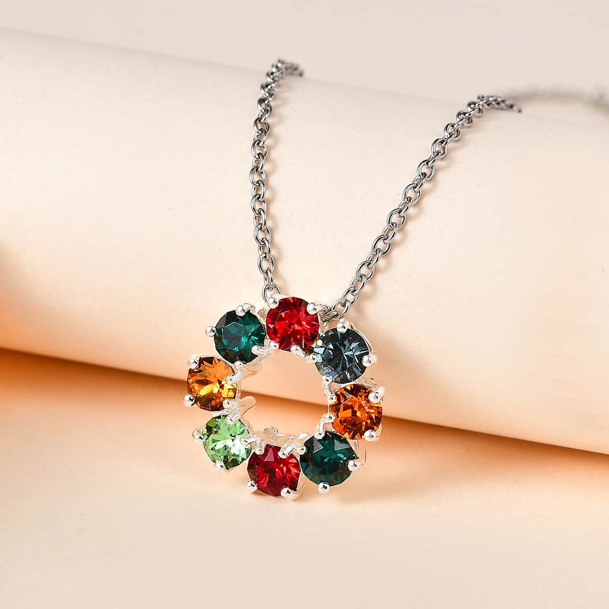 Multi Color Crystal Circle Pendant in Sterling Silver with Stainless Steel Chain 20 Inches image number 1