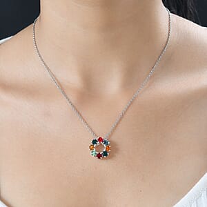 Multi Color Crystal Circle Pendant in Sterling Silver with Stainless Steel Chain 20 Inches