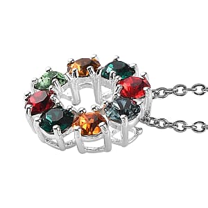 Multi Color Crystal Circle Pendant in Sterling Silver with Stainless Steel Chain 20 Inches