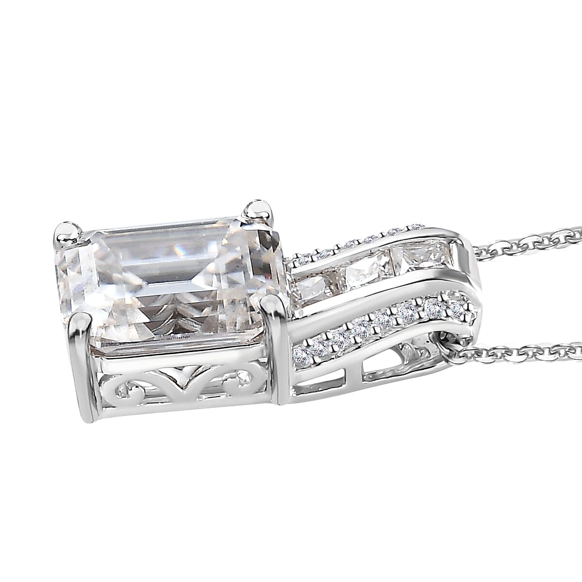 Moissanite (Oct 10x8mm) Pendant Necklace (20 Inches) in Platinum Over Sterling Silver 4.10 ctw image number 3