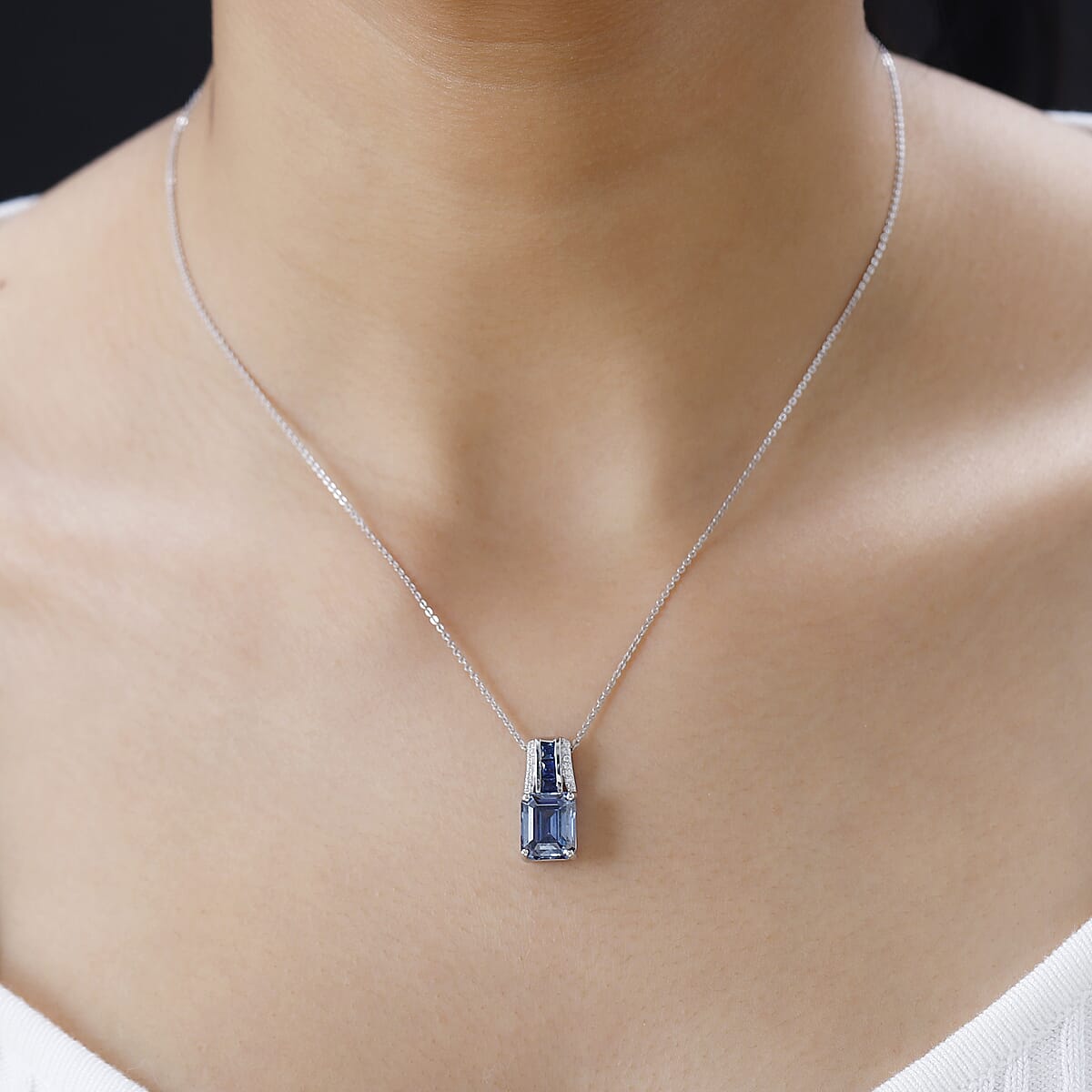 Blue Moissanite and Multi Gemstone Bridge Pendant Necklace 20 Inches in Platinum Over Sterling Silver 4.20 ctw image number 2
