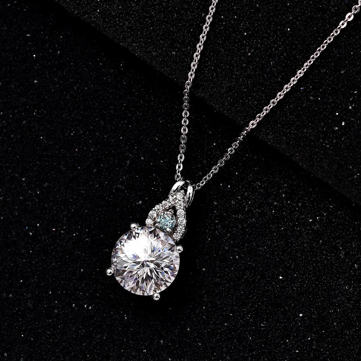 Emperor Cut Moissanite and Blue Moissanite Pendant Necklace 20 Inches in Platinum Over Sterling Silver 3.75 ctw image number 1