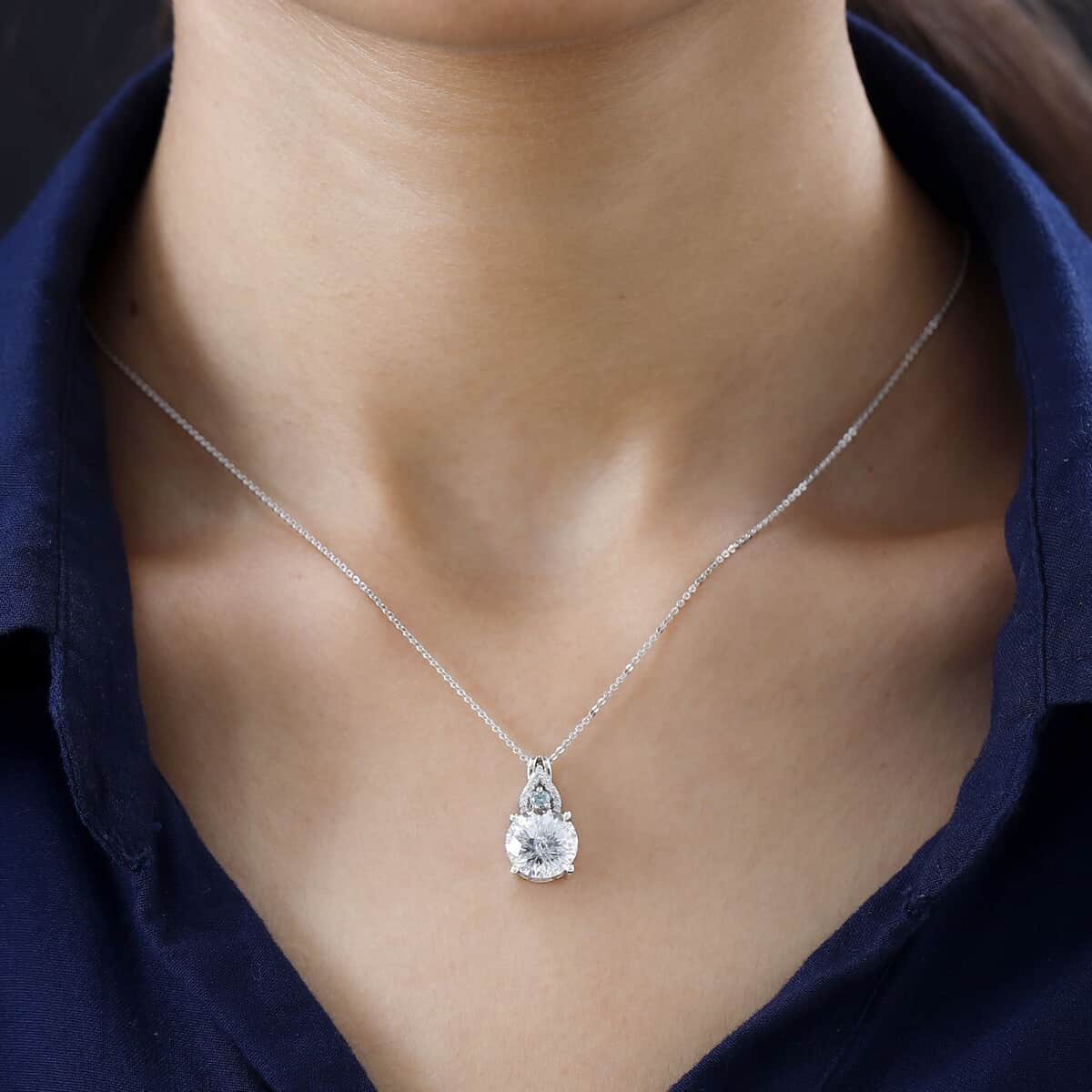 Emperor Cut Moissanite and Blue Moissanite Pendant Necklace 20 Inches in Platinum Over Sterling Silver 3.75 ctw image number 2