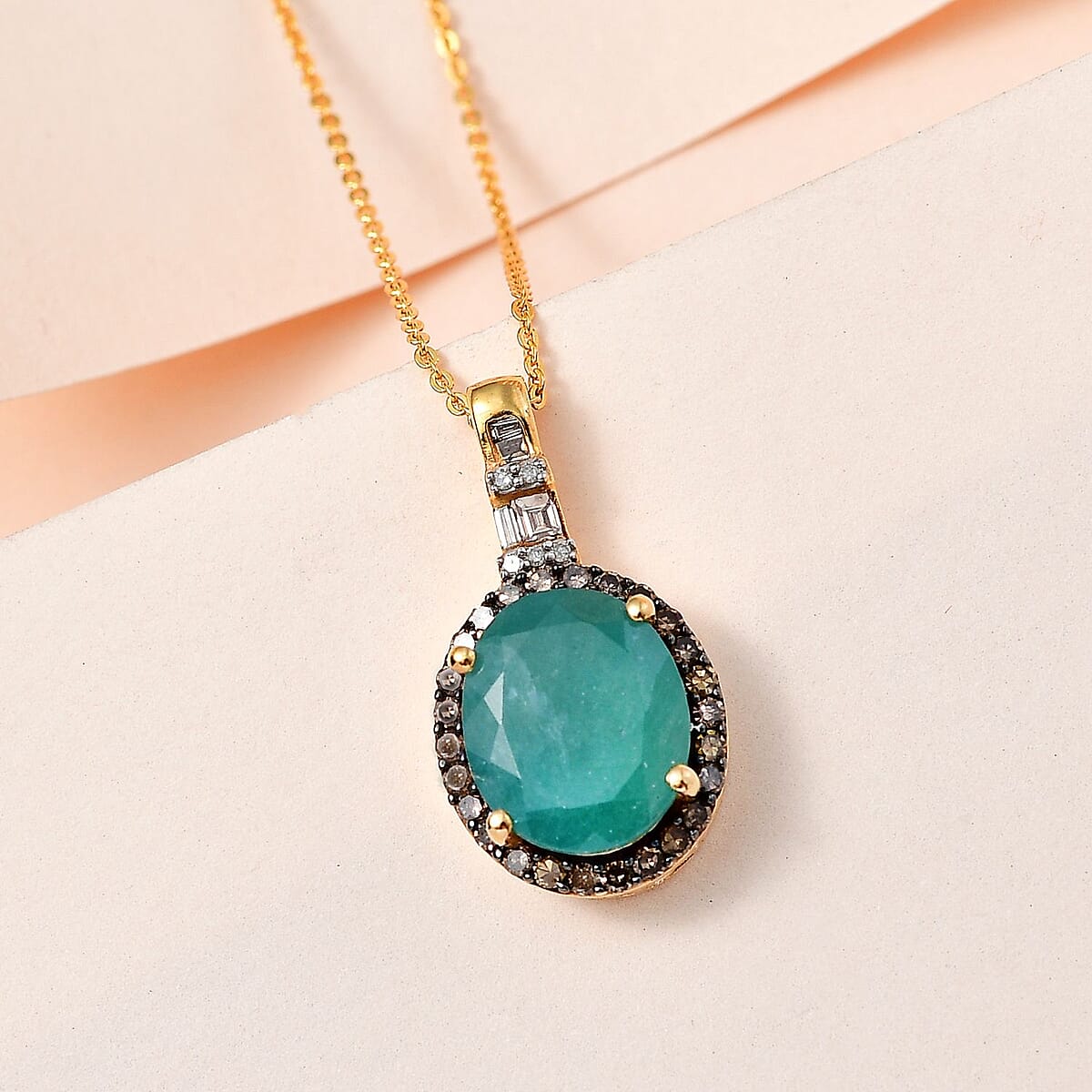 Premium Grandidierite, Natural White and Champagne Diamond Halo Pendant Necklace 20 Inches in Vermeil Yellow Gold Over Sterling Silver 5.40 ctw image number 1