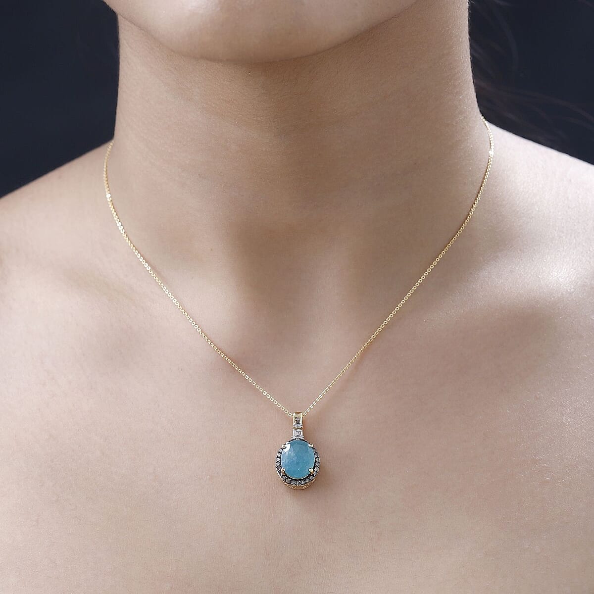 Premium Grandidierite, Natural White and Champagne Diamond Halo Pendant Necklace 20 Inches in Vermeil Yellow Gold Over Sterling Silver 5.40 ctw image number 2