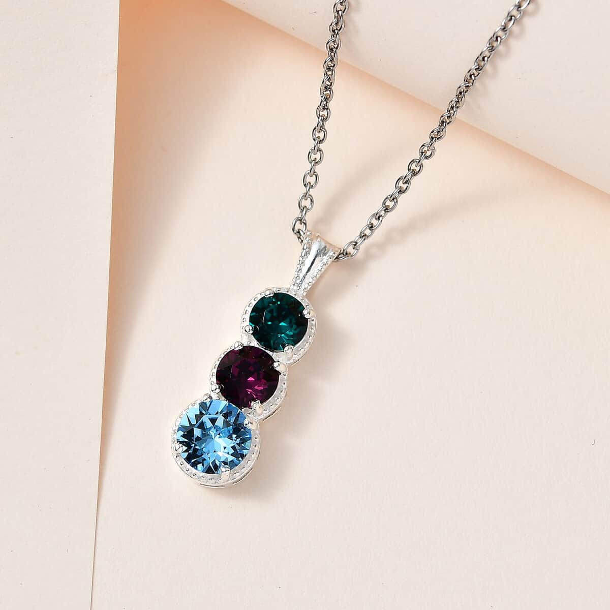 Designer Premium Multi Color Austrian Crystal Pendant in Sterling Silver with Stainless Steel Necklace 20 Inches image number 1