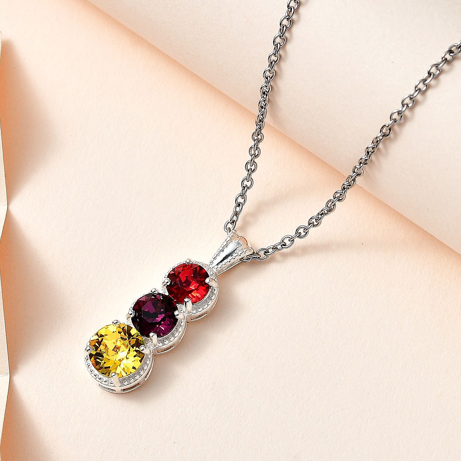 Designer Premium Multi Color Austrian Crystal Pendant in Sterling Silver with Stainless Steel Chain 20 Inches