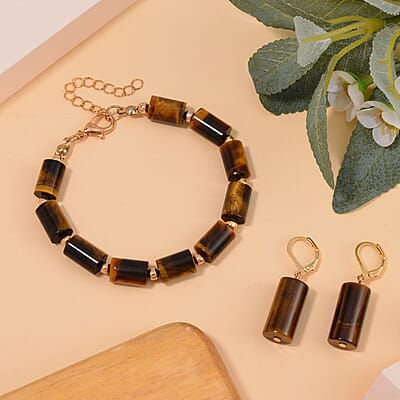 One Time Only 2 Piece Set - Yellow Tiger's Eye Bracelet (7.00-9.00In) and Lever Back Earrings in Goldtone 136.40 ctw