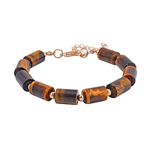 Yellow Tiger's Eye 136.40 ctw Bracelet (7.00-9.00In) and Lever Back Earrings in Rosetone