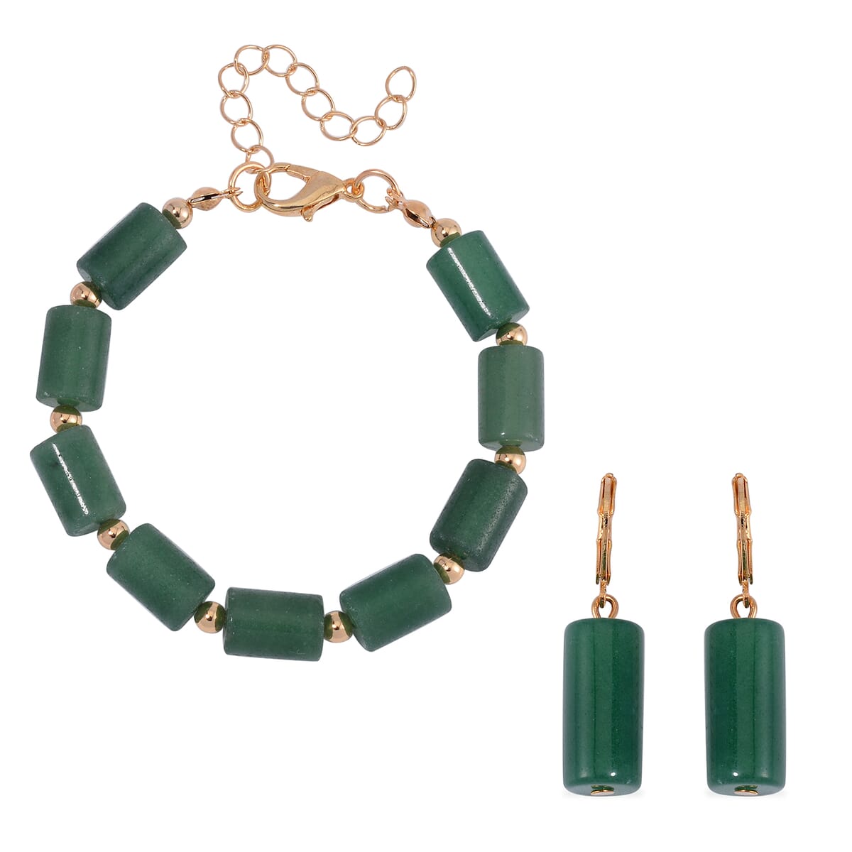 Green Aventurine Bracelet (7.00-9.00In) and Lever Back Earrings in Goldtone 136.40 ctw image number 0