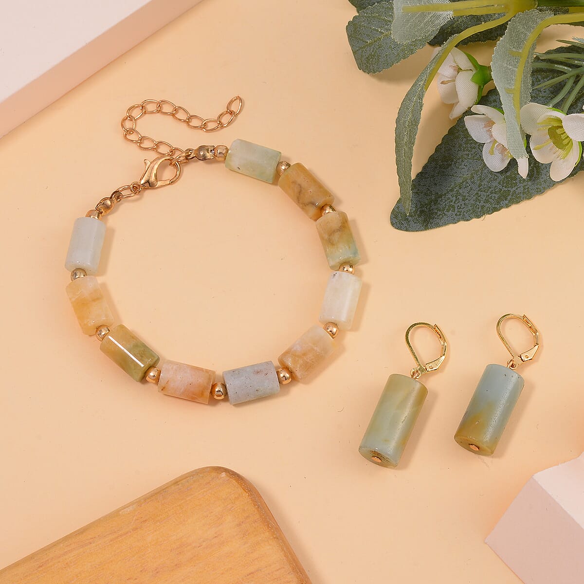 Multi Color Amazonite Bracelet (7.00-9.00In) and Lever Back Earrings in Goldtone 136.40 ctw image number 1