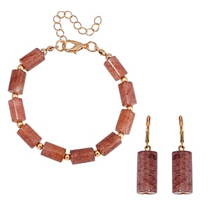 Strawberry Quartz Bracelet (7.00-9.00In) and Lever Back Earrings in Goldtone 136.40 ctw