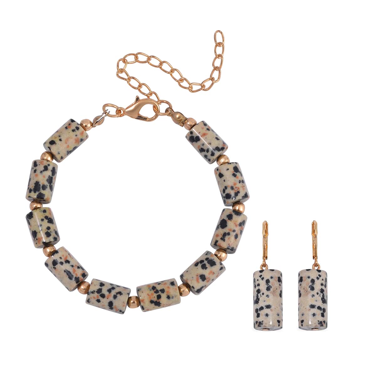 Dalmatian Jasper 136.40 ctw Bracelet (7.00-9.00In) and Lever Back Earrings in Goldtone image number 0