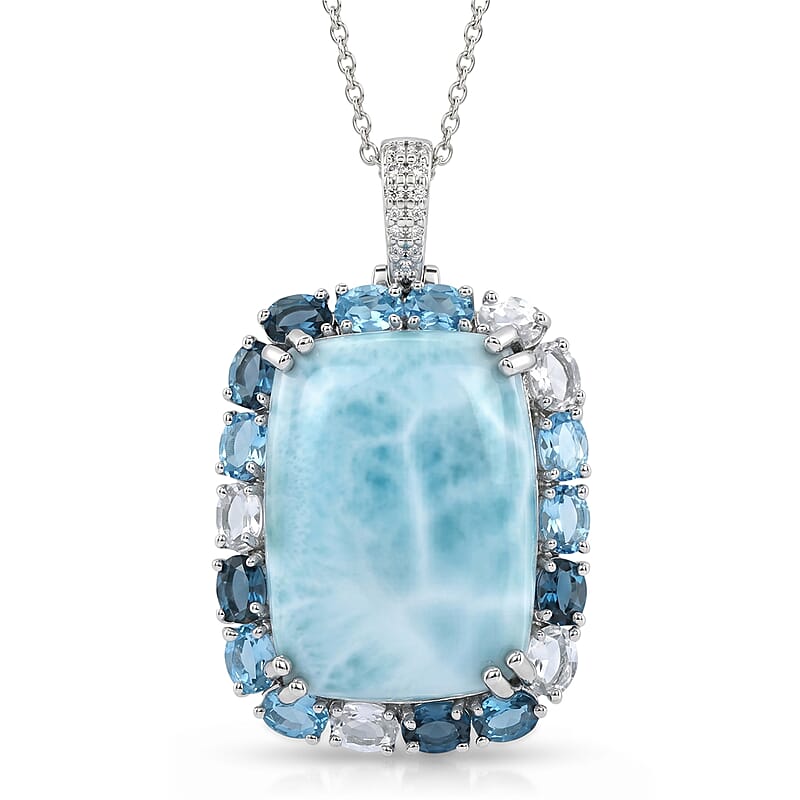 Premium Larimar and Multi Gemstone 30.75 ctw Pendant Necklace in Rhodium Over Sterling Silver 20 Inches
