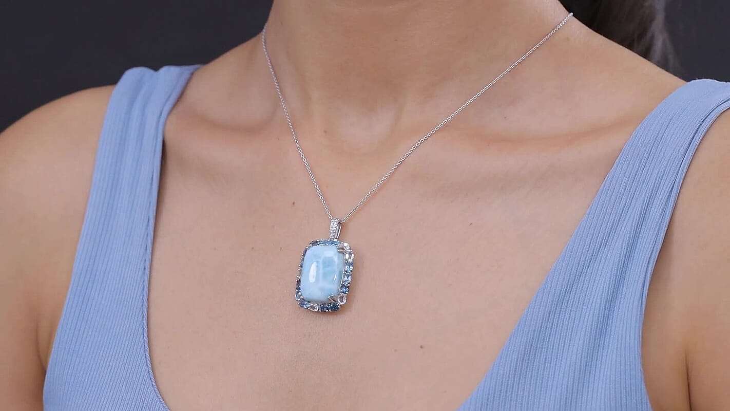 Premium Larimar, Multi Gemstone Pendant Necklace (20 Inches) in Rhodium Over Sterling Silver 30.75 ctw