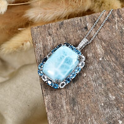 Premium Larimar and Multi Gemstone 30.75 ctw Pendant Necklace in Rhodium Over Sterling Silver 20 Inches