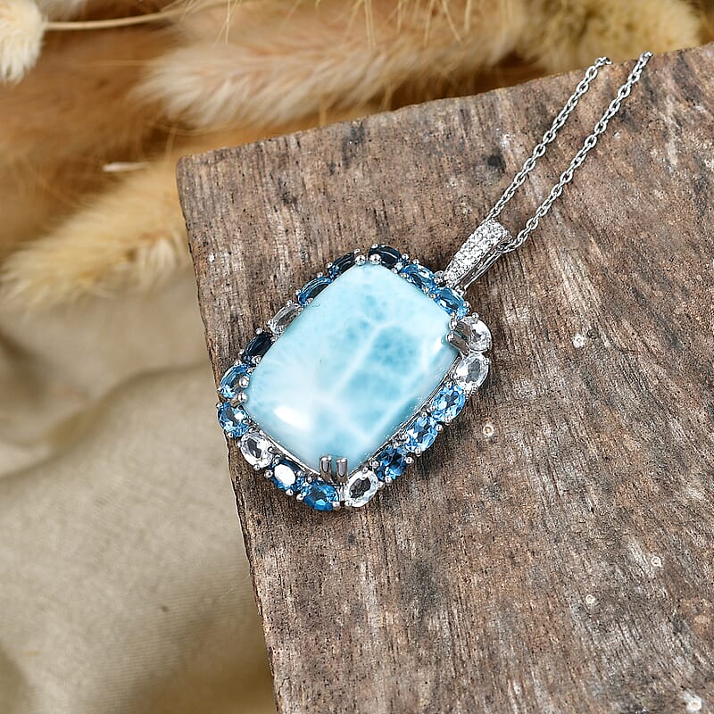 Premium Larimar and Multi Gemstone 30.75 ctw Pendant Necklace in Rhodium Over Sterling Silver 20 Inches