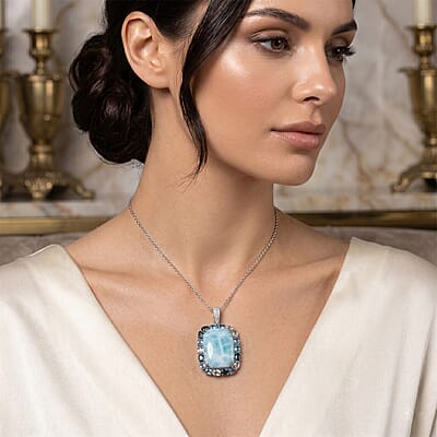 Premium Larimar and Multi Gemstone 30.75 ctw Pendant Necklace in Rhodium Over Sterling Silver 20 Inches