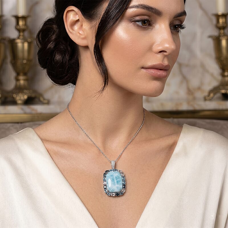 Premium Larimar and Multi Gemstone 30.75 ctw Pendant Necklace in Rhodium Over Sterling Silver 20 Inches