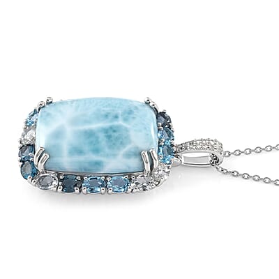 Premium Larimar and Multi Gemstone 30.75 ctw Pendant Necklace in Rhodium Over Sterling Silver 20 Inches