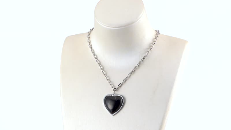 Shungite Heart Pendant Necklace 20 Inches and Earrings in Stainless Steel 46.50 ctw