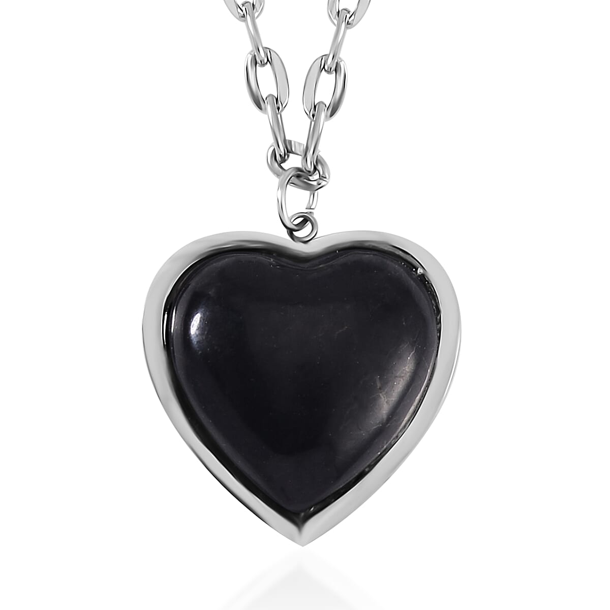 Shungite Heart Pendant Necklace 20 Inches and Earrings in Stainless Steel 46.50 ctw
