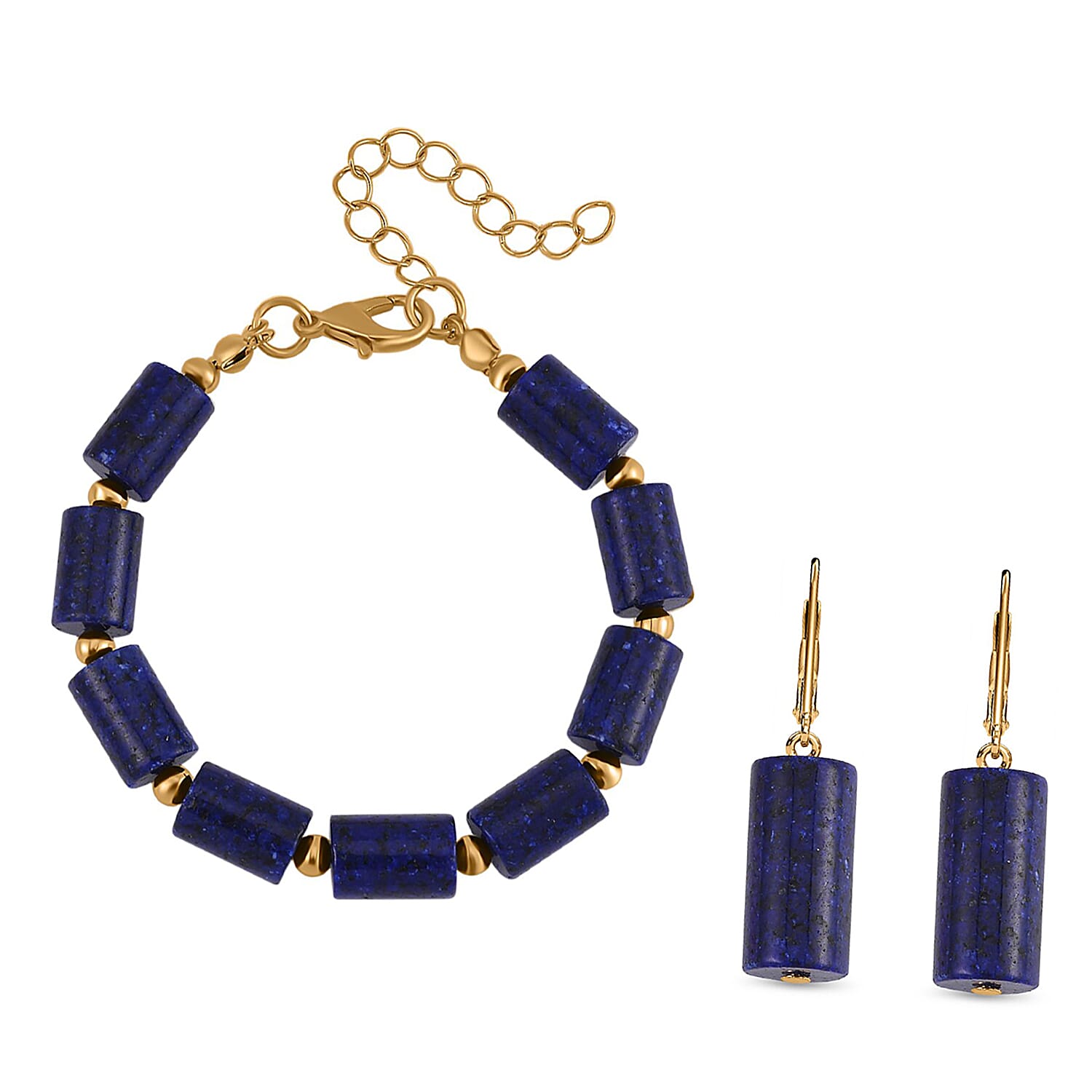 Lapis Lazuli 136.40 ctw Set Earrings and Bracelet (6.50-8.50 In) in Goldtone