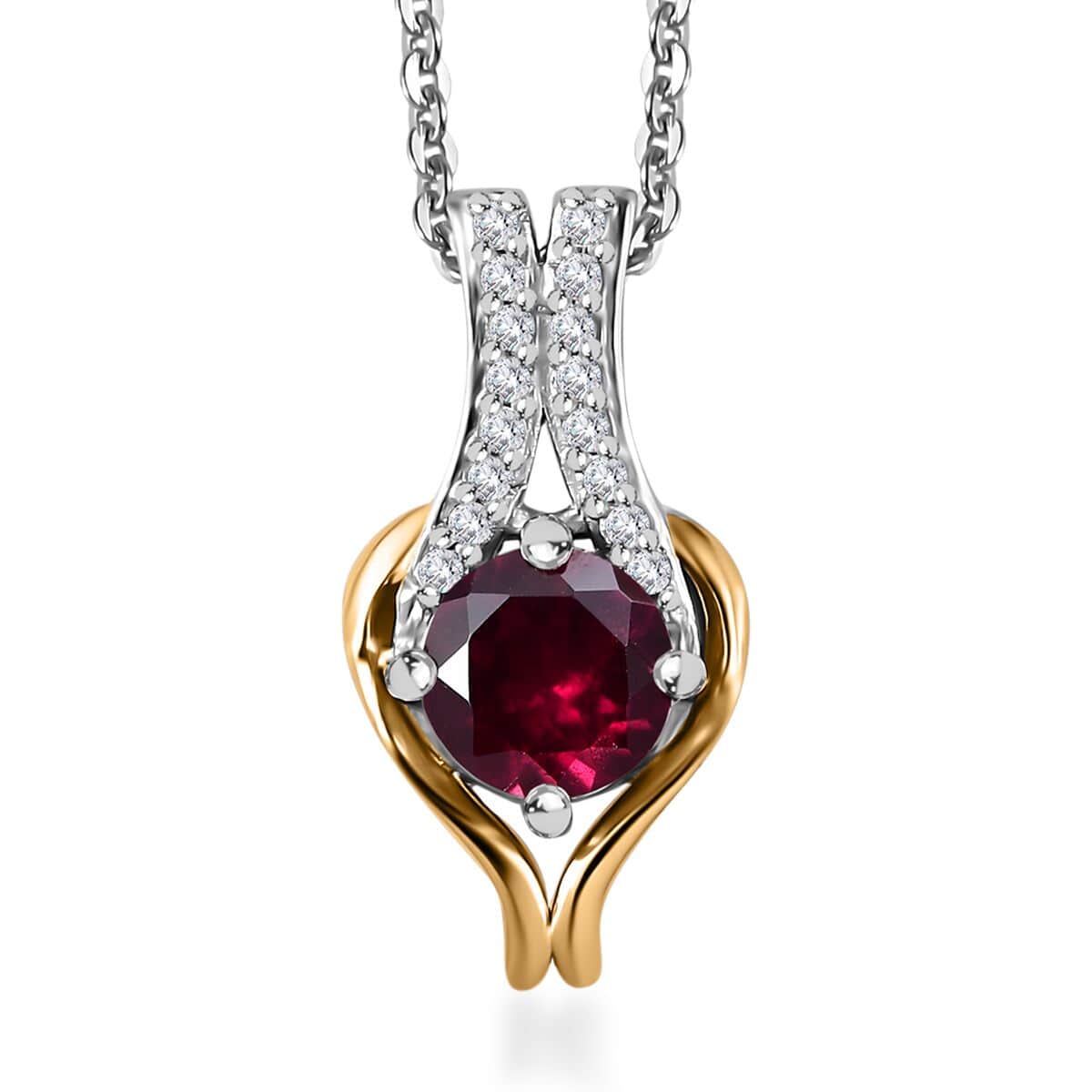 Orissa Rhodolite Garnet and Moissanite Vermeil YG and Pendant Necklace 20 Inches in Platinum Over Sterling Silver 0.85 ctw image number 0
