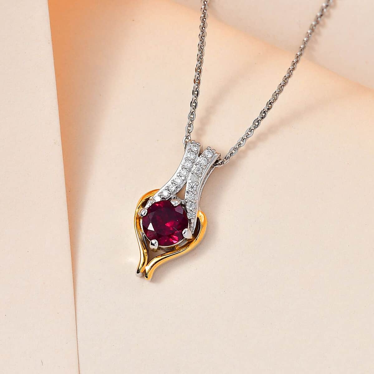 Orissa Rhodolite Garnet and Moissanite Vermeil YG and Pendant Necklace 20 Inches in Platinum Over Sterling Silver 0.85 ctw image number 1