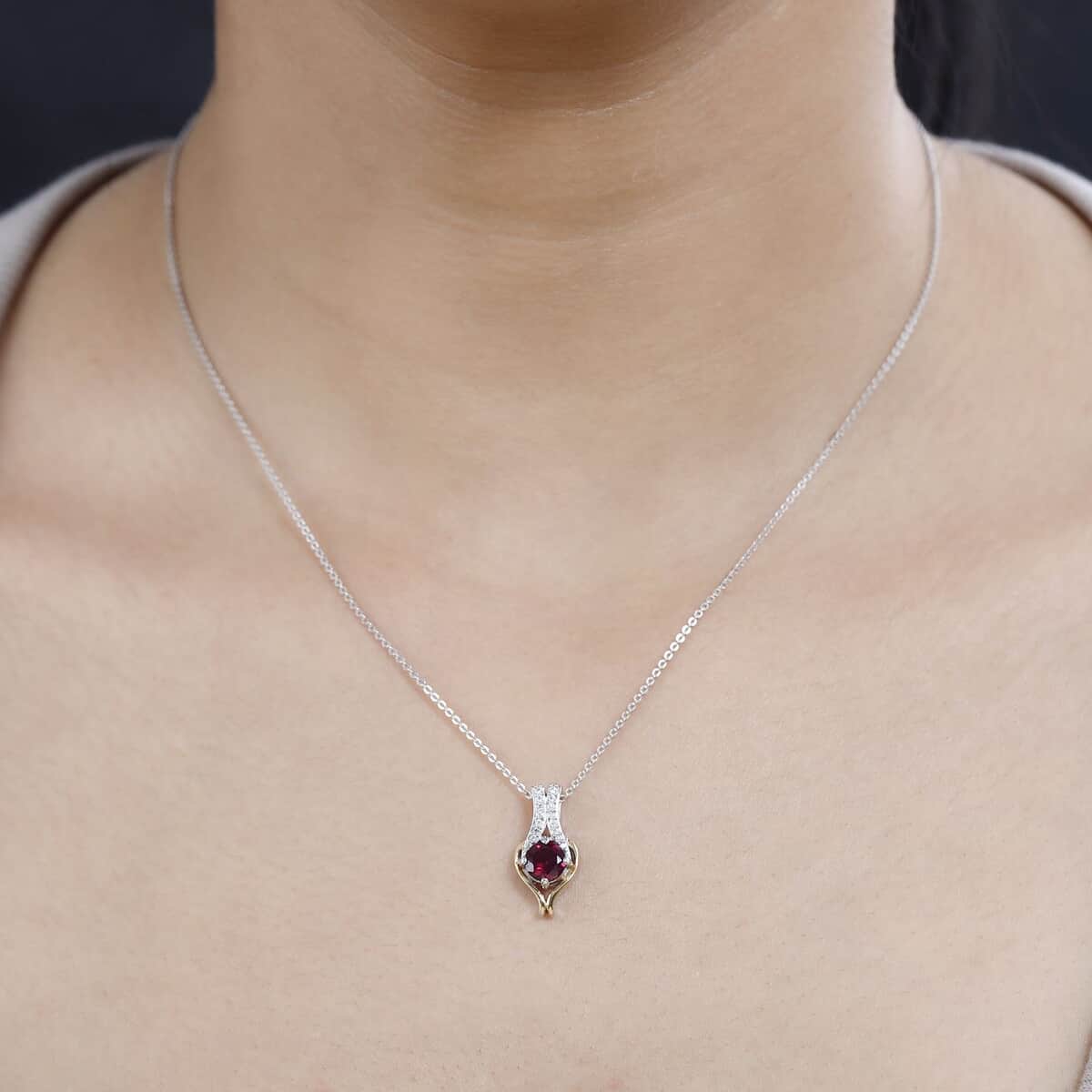 Orissa Rhodolite Garnet and Moissanite Vermeil YG and Pendant Necklace 20 Inches in Platinum Over Sterling Silver 0.85 ctw image number 2