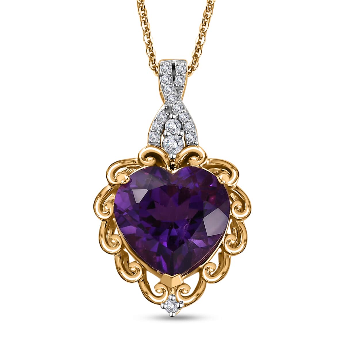 African Amethyst and Moissanite Heart Pendant Necklace 20 Inches in Vermeil Yellow Gold Over Sterling Silver 5.70 ctw image number 0