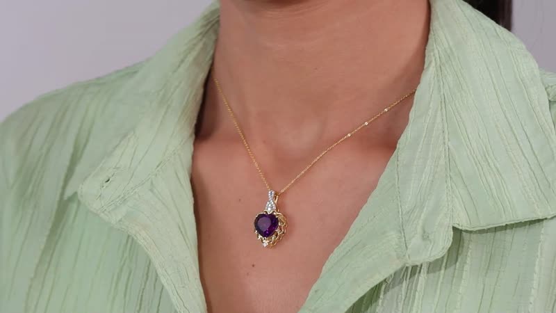 African Amethyst and Moissanite Heart Pendant Necklace 20 Inches in Vermeil Yellow Gold Over Sterling Silver 5.70 ctw