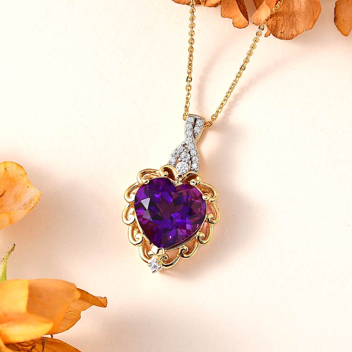 African Amethyst and Moissanite Heart Pendant Necklace 20 Inches in Vermeil Yellow Gold Over Sterling Silver 5.70 ctw image number 1