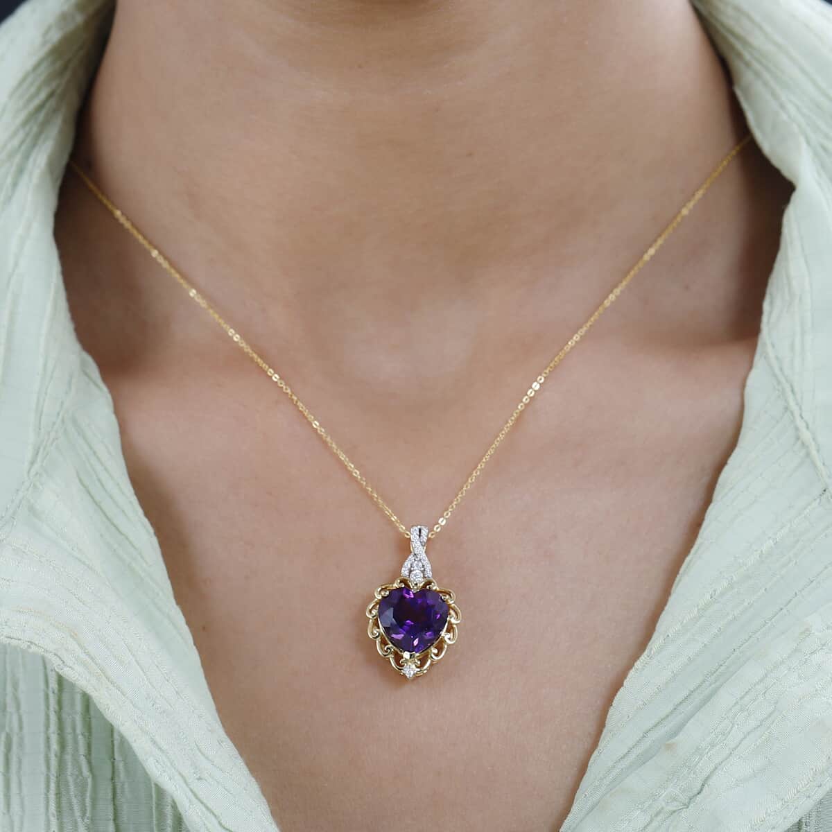 African Amethyst and Moissanite Heart Pendant Necklace 20 Inches in Vermeil Yellow Gold Over Sterling Silver 5.70 ctw image number 2