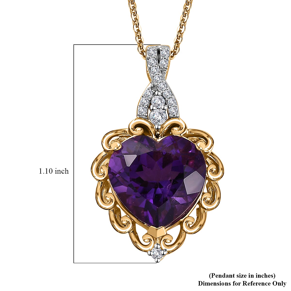 African Amethyst and Moissanite Heart Pendant Necklace 20 Inches in Vermeil Yellow Gold Over Sterling Silver 5.70 ctw
