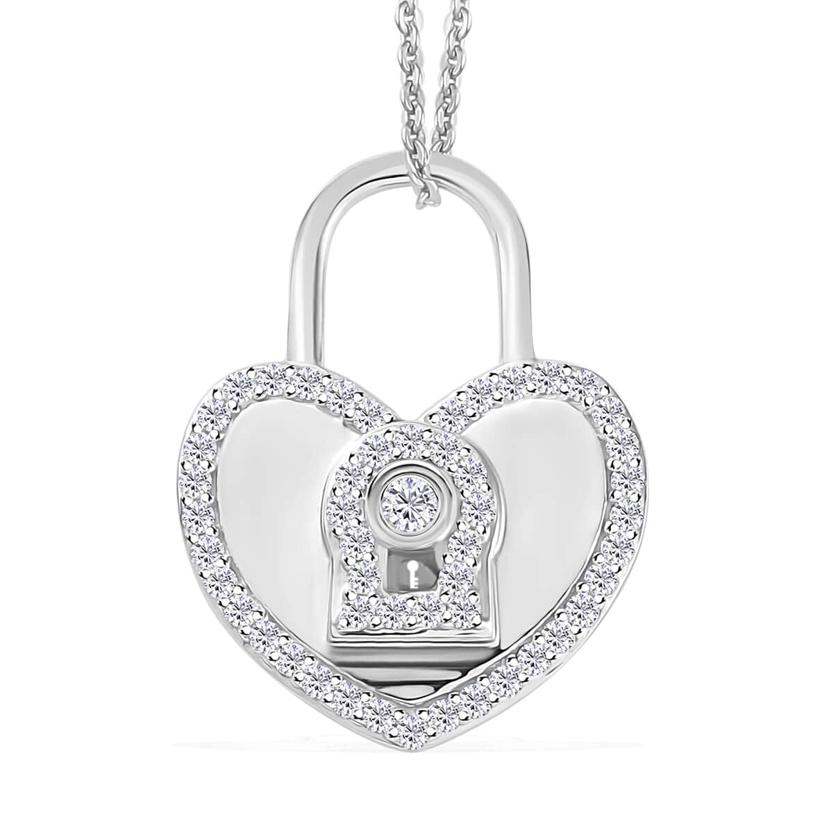 Moissanite Heart Padlock Pendant Necklace 20 Inches in Platinum Over Sterling Silver 0.60 ctw image number 0