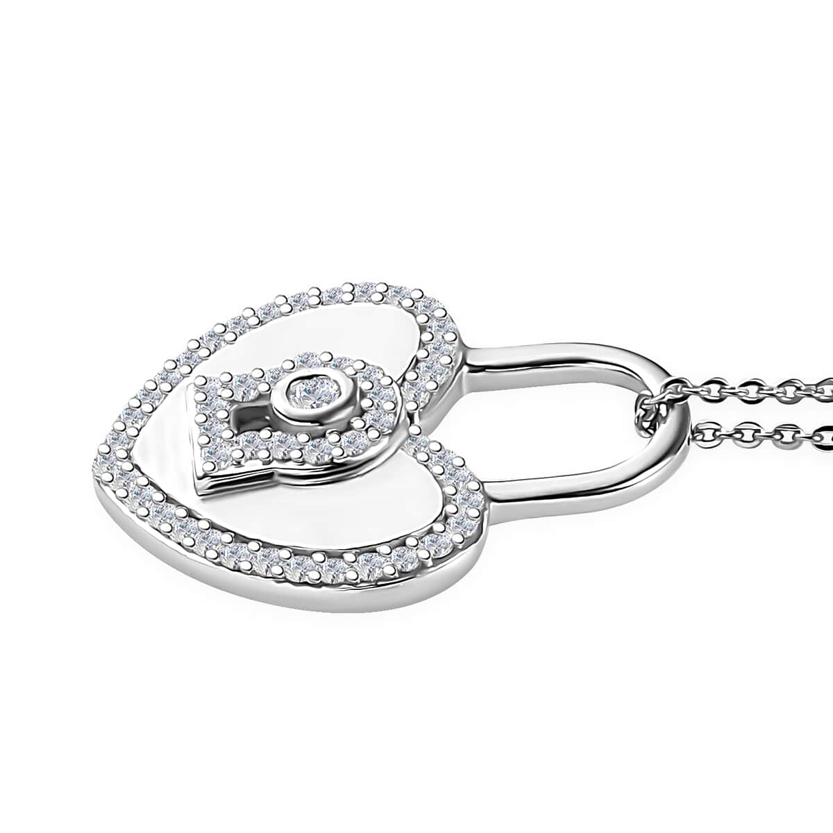 Moissanite Heart Padlock Pendant Necklace 20 Inches in Platinum Over Sterling Silver 0.60 ctw image number 3