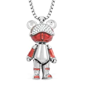 Austrian Crystal and Enameled Bear Pendant in Silvertone with Stainless Steel Necklace 28 Inches