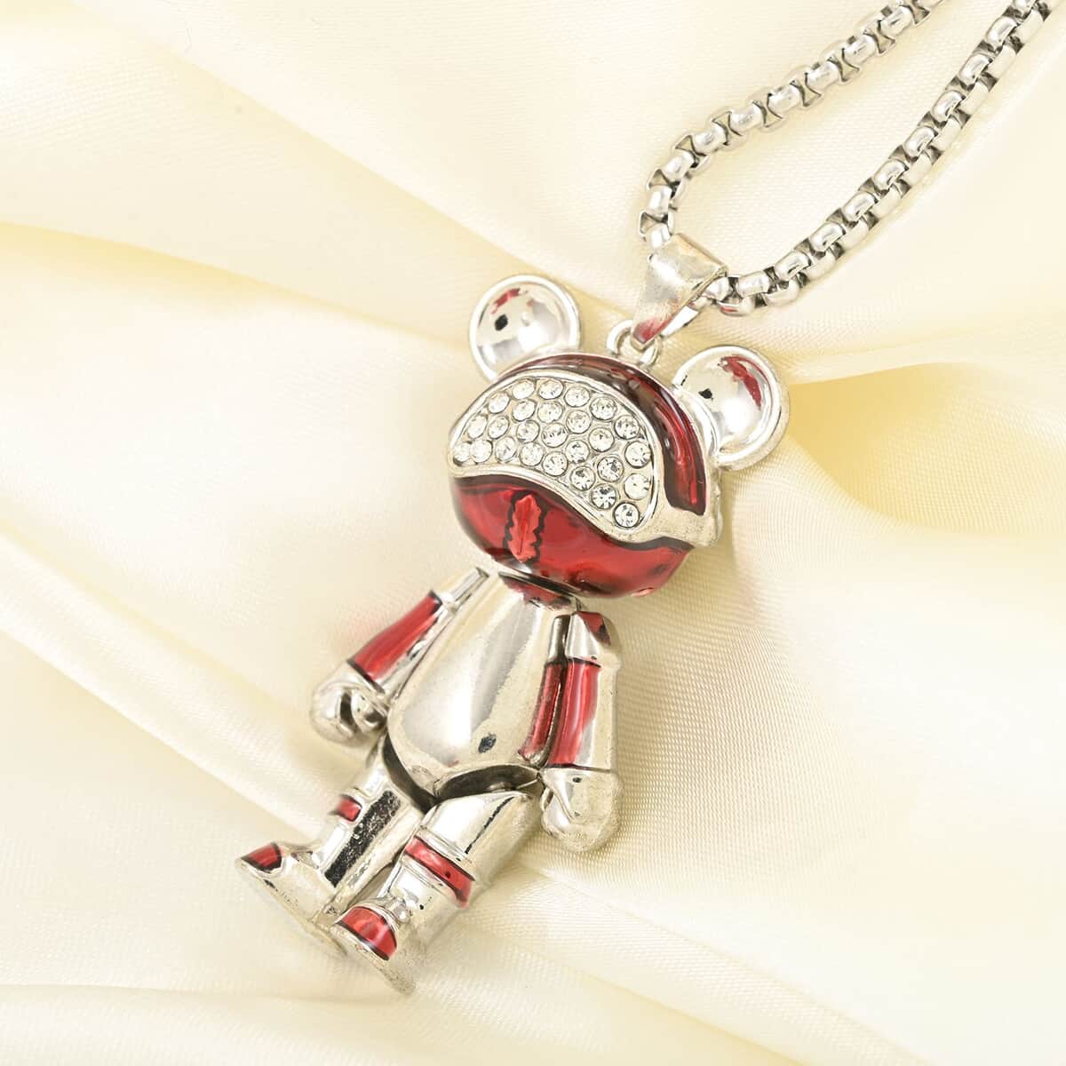 Austrian Crystal and Enameled Bear Pendant in Silvertone with Stainless Steel Necklace 28 Inches image number 1