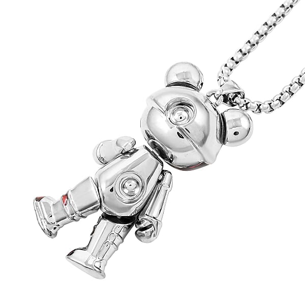 Austrian Crystal and Enameled Bear Pendant in Silvertone with Stainless Steel Necklace 28 Inches
