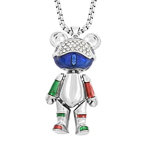Austrian Crystal and Enameled Bear Pendant in Silvertone with Stainless Steel Necklace 28 Inches