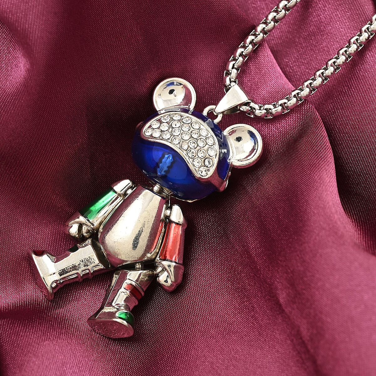 Austrian Crystal and Enameled Bear Pendant in Silvertone with Stainless Steel Necklace 28 Inches image number 1