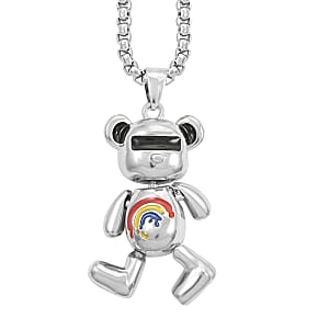 Enameled Bear Pendant in Silvertone with Stainless Steel Necklace 28 Inches