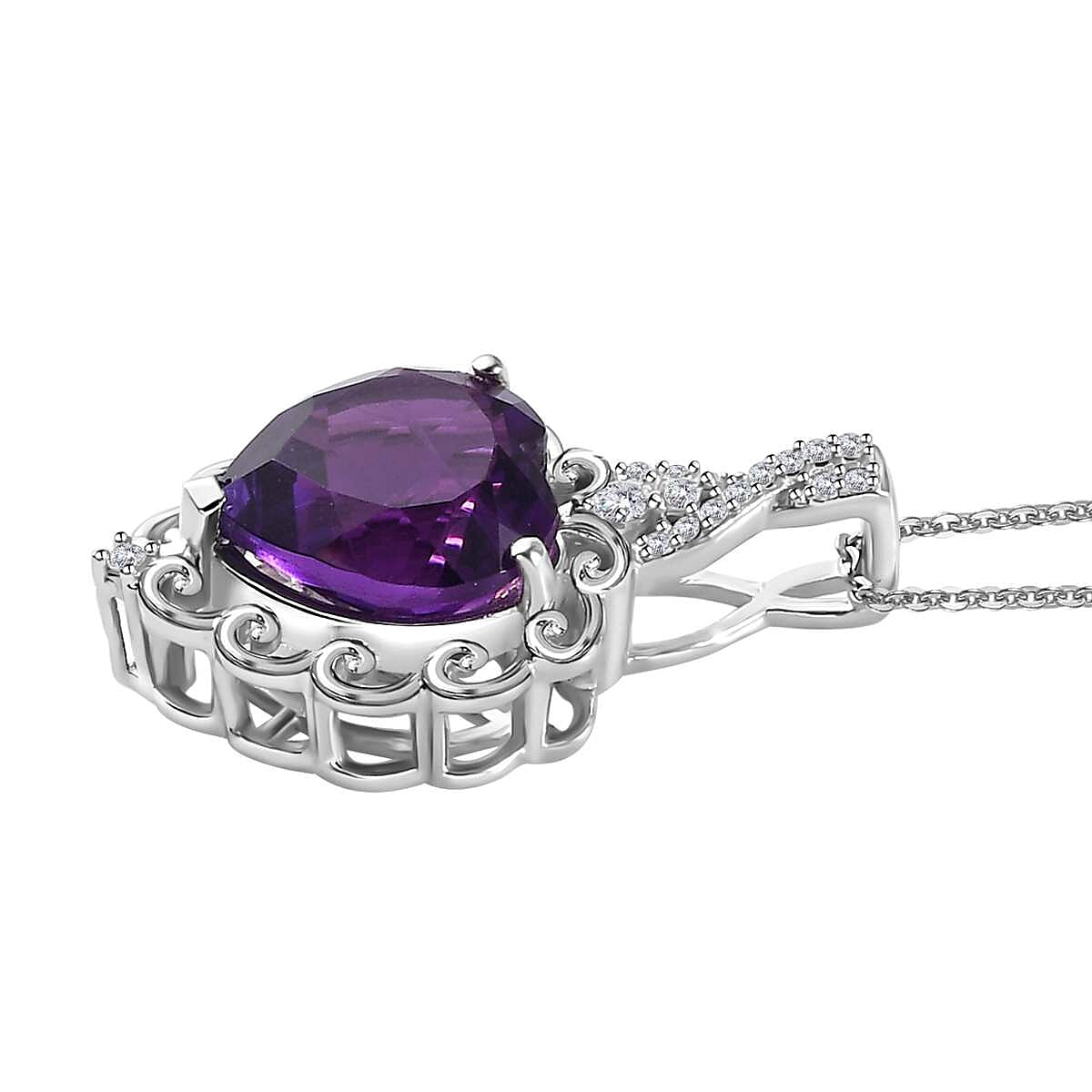 African Amethyst and Moissanite Pendant Necklace 20 Inches in Platinum Over Sterling Silver 5.75 ctw image number 3
